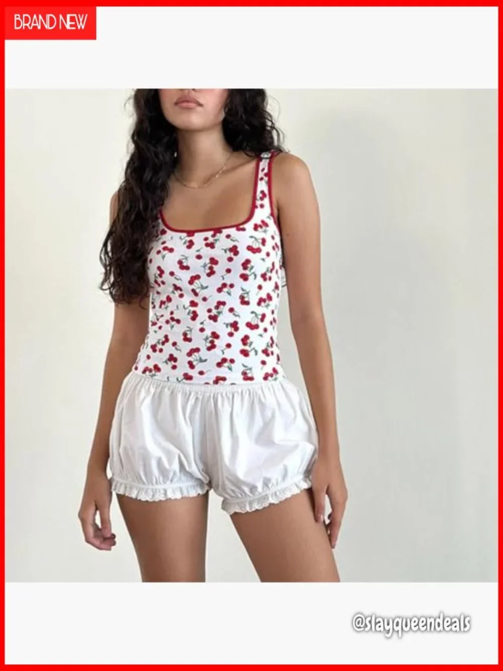 Y2K Strawberry Print Crop Tank Top Ribbed Scoop Neck Sleeveless - Picture 2 of 5